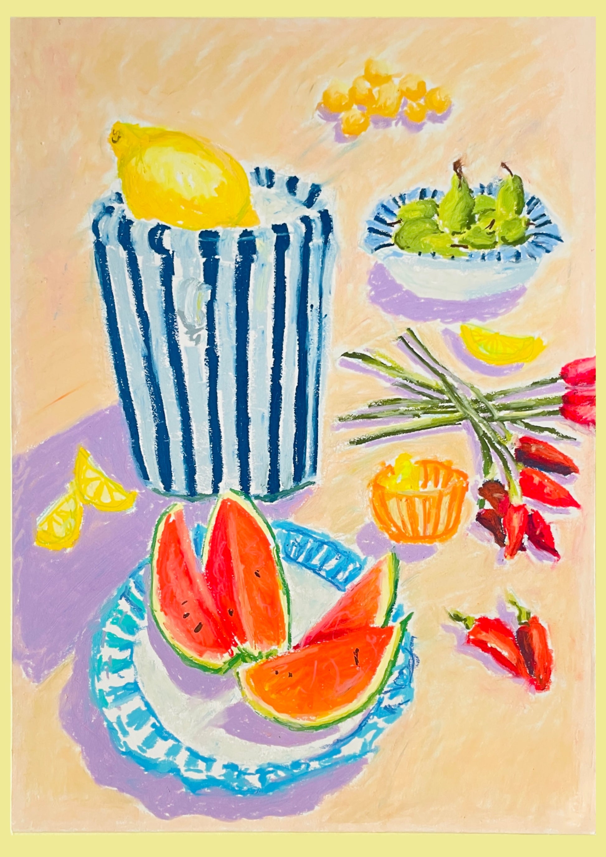Still life painting with a striped glass, watermelon, lemons, and peppers on a textured surface.