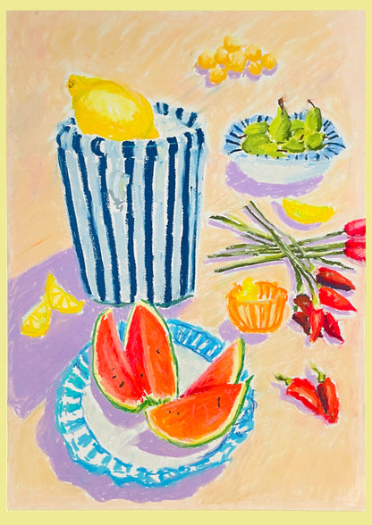 Still life painting with a striped glass, watermelon, lemons, and peppers on a textured surface.