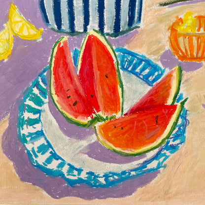 original oil pastel art of Sliced watermelon on a blue plate with a purple background 