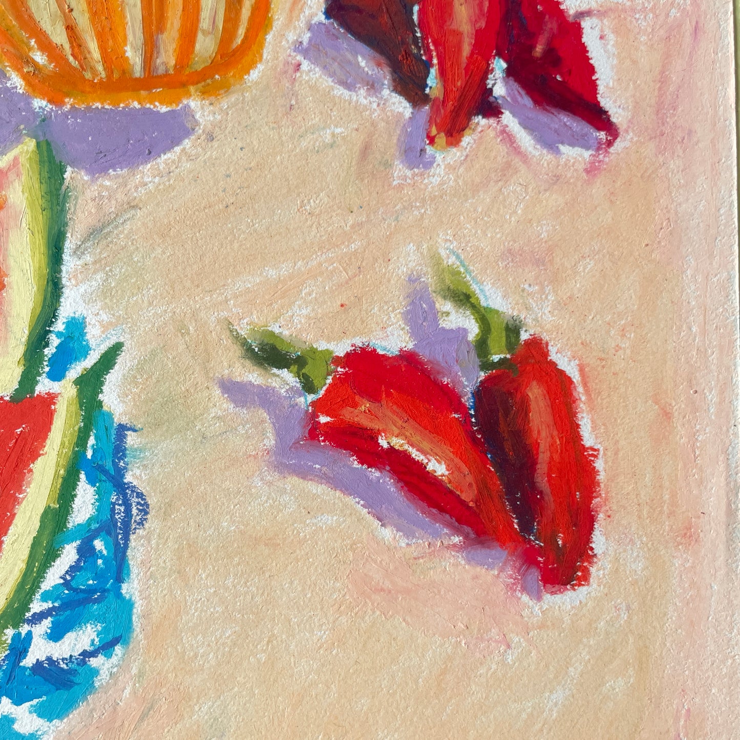 oil pastel orginal food art of mini peppers on table 