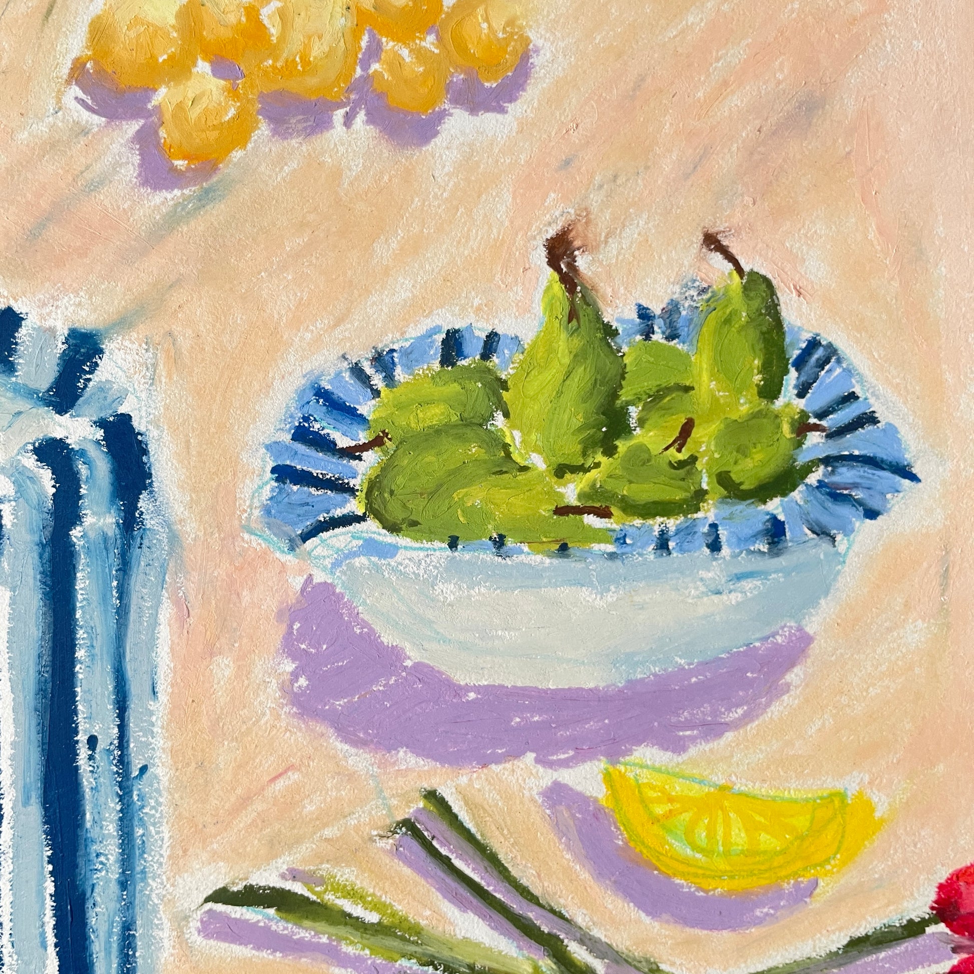oil pastel drawing of a bowl of pears by emerging artist halima khanum
