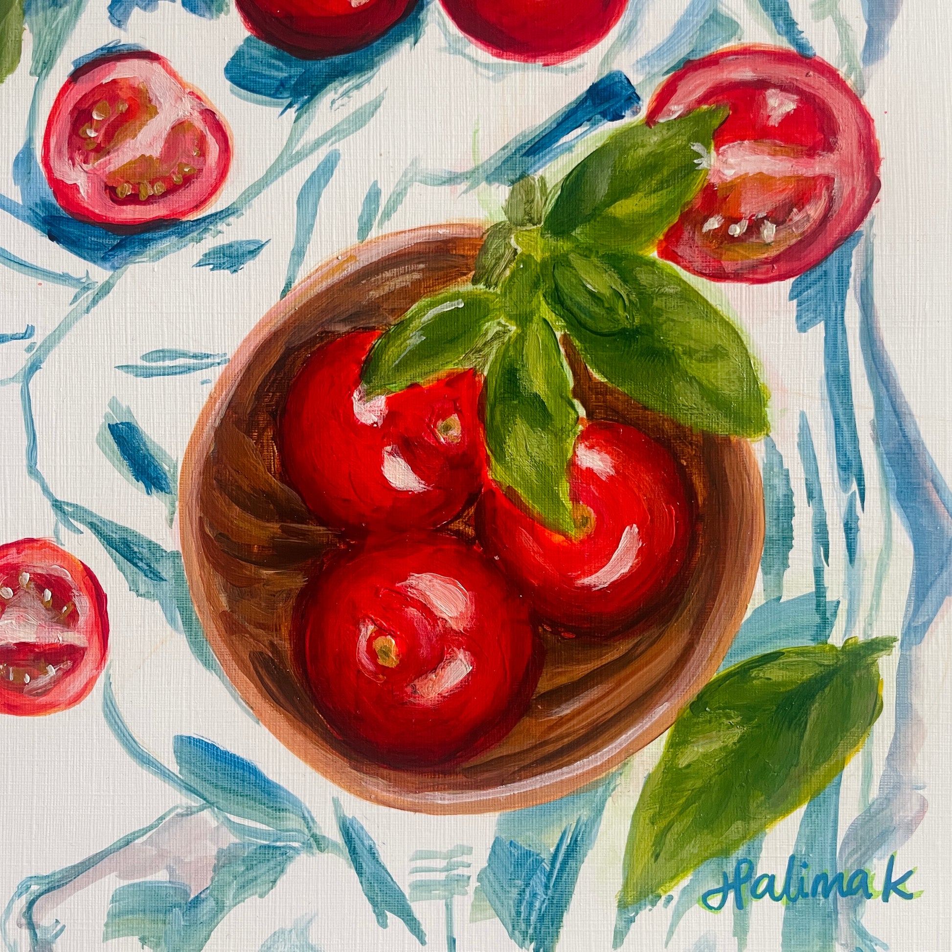 painting close up of wooden bowl with three plucked tomatoes and basil leaves surrounded by blue cloth and sliced tomatoes. featuring emerging london artist signture halima k