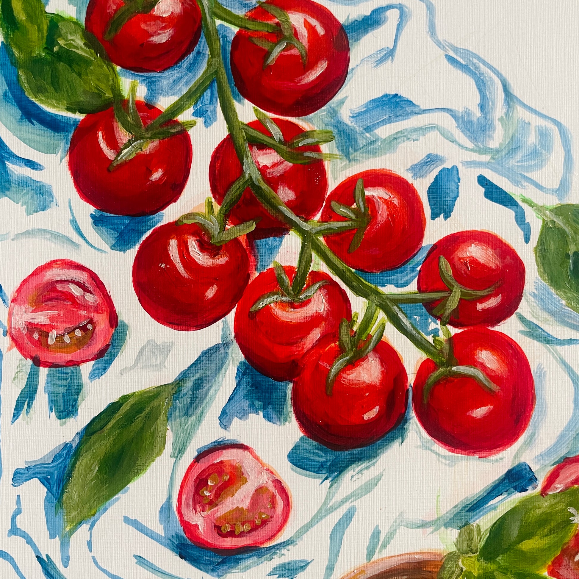 Tomatoes on the vine over suggestion of a blue cloth - acrylic painting crop