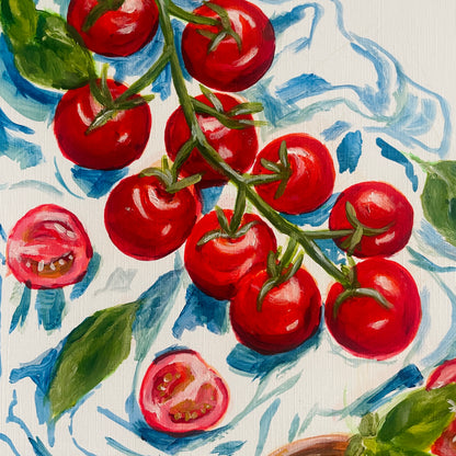 Tomatoes on the vine over suggestion of a blue cloth - acrylic painting crop