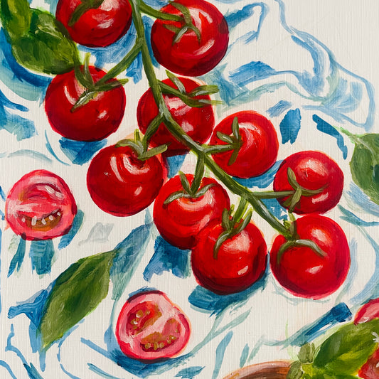 Tomatoes on the vine over suggestion of a blue cloth - acrylic painting crop