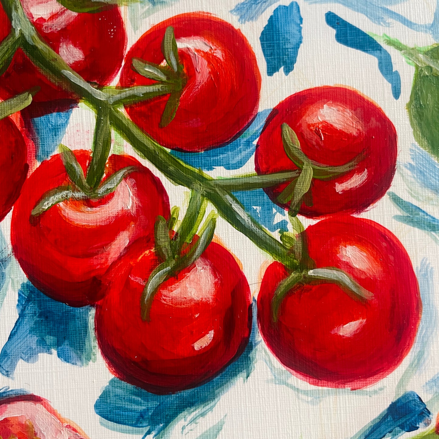 close up of plum, juicy tomato fruits on the vine -acrylic painitng with visible brush strokes. 