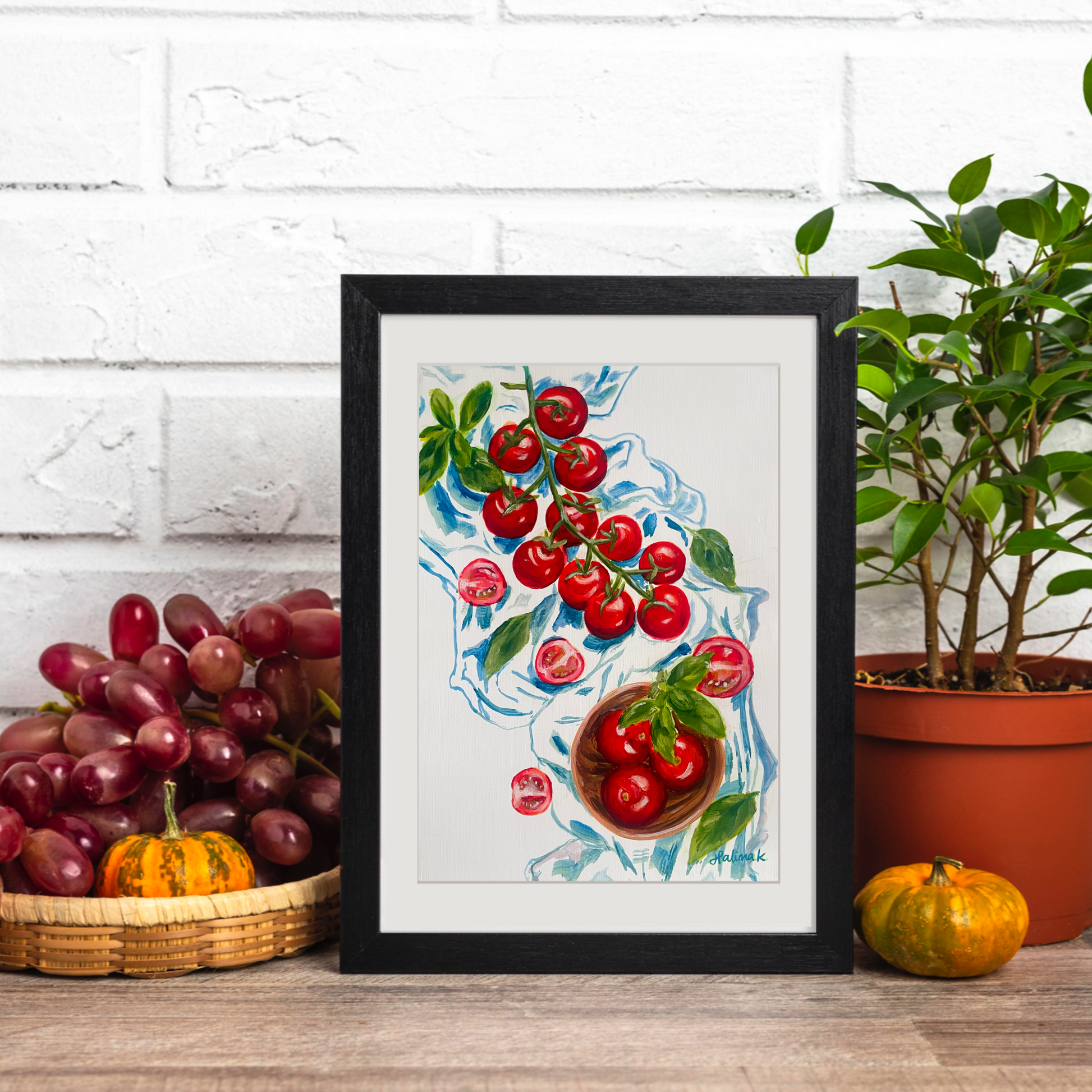 vibrant and deep red tomatoes painting in black frame with grapes and plant in background
