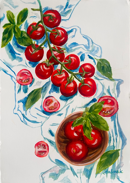 Acrylic painting of a trail of tomatoes on the vine with a bowl holding some. scattered basil leaves and sliced toms also lay on top of a blue cloth. white background. signed by halima khanum