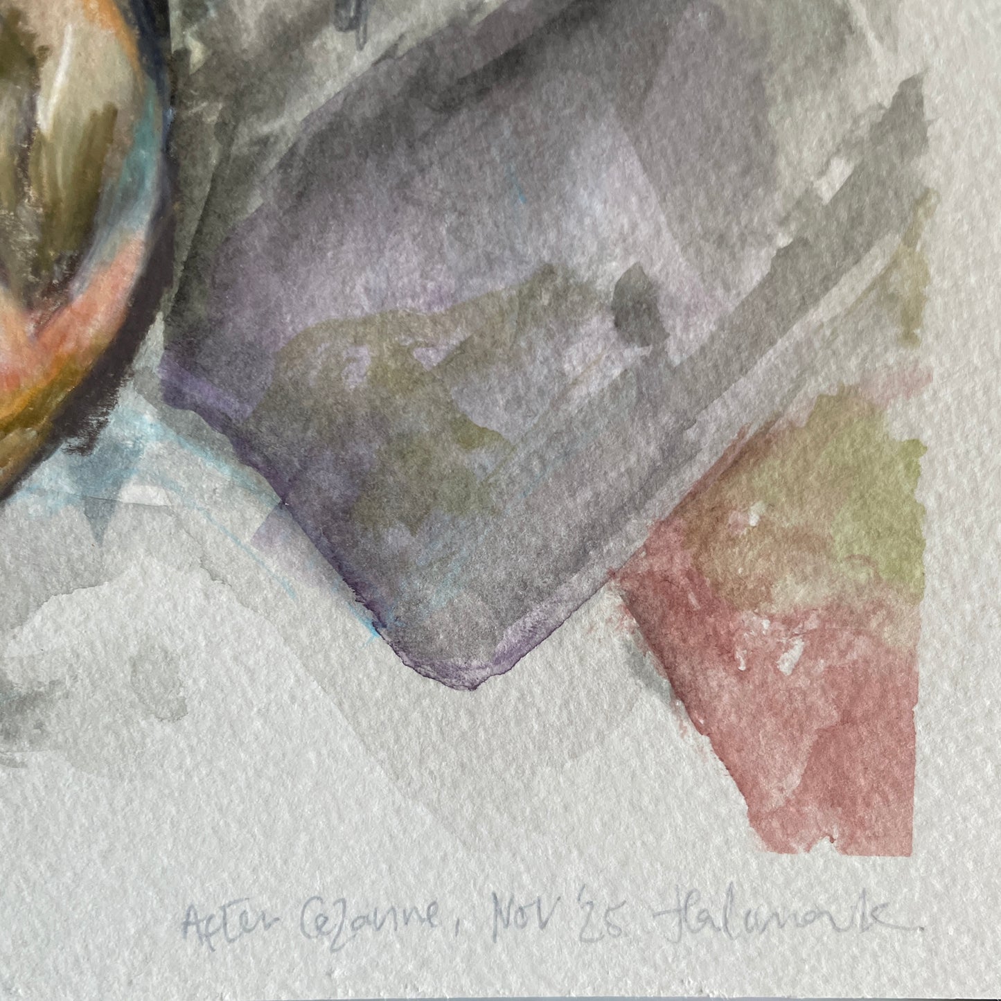 Close-up of a textured surface with watercolor-like patterns and a signature at the bottom.