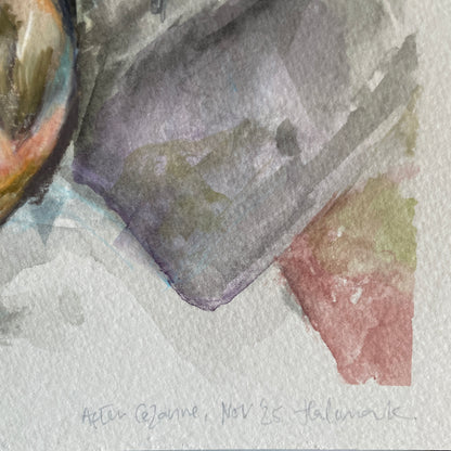 Close-up of a textured surface with watercolor-like patterns and a signature at the bottom.