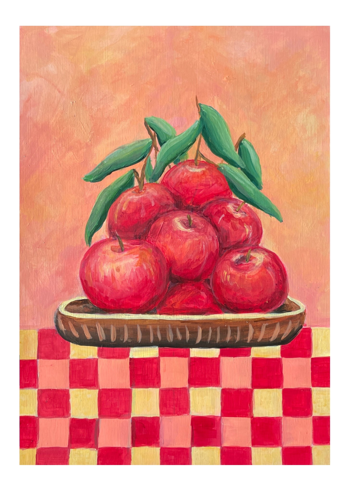 Painting of red apples on a checkered tablecloth with a pinkish-orange background