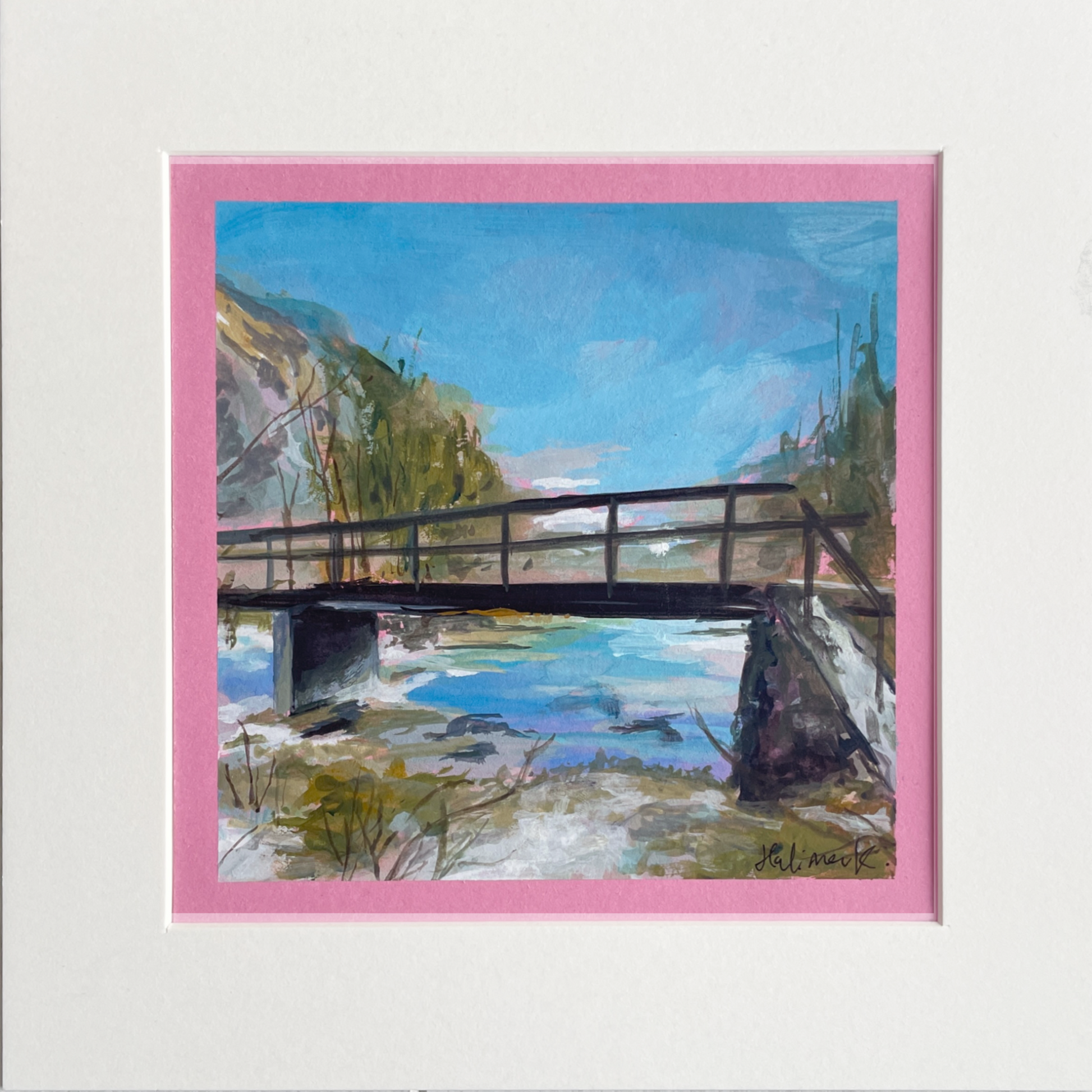 gouache artwork of bridge, alps and water in slovenia on pink card with photomat. 