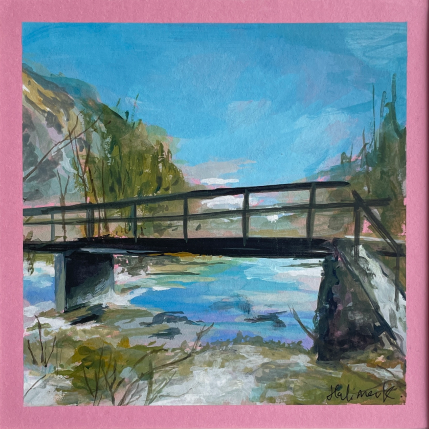 Painting of a bridge over water with a pink border from the card it was created on. pops of pink peeking through entire painting for cohesion. 