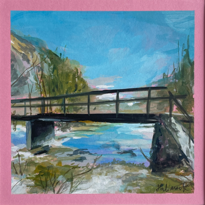 Painting of a bridge over water with a pink border from the card it was created on. pops of pink peeking through entire painting for cohesion. 
