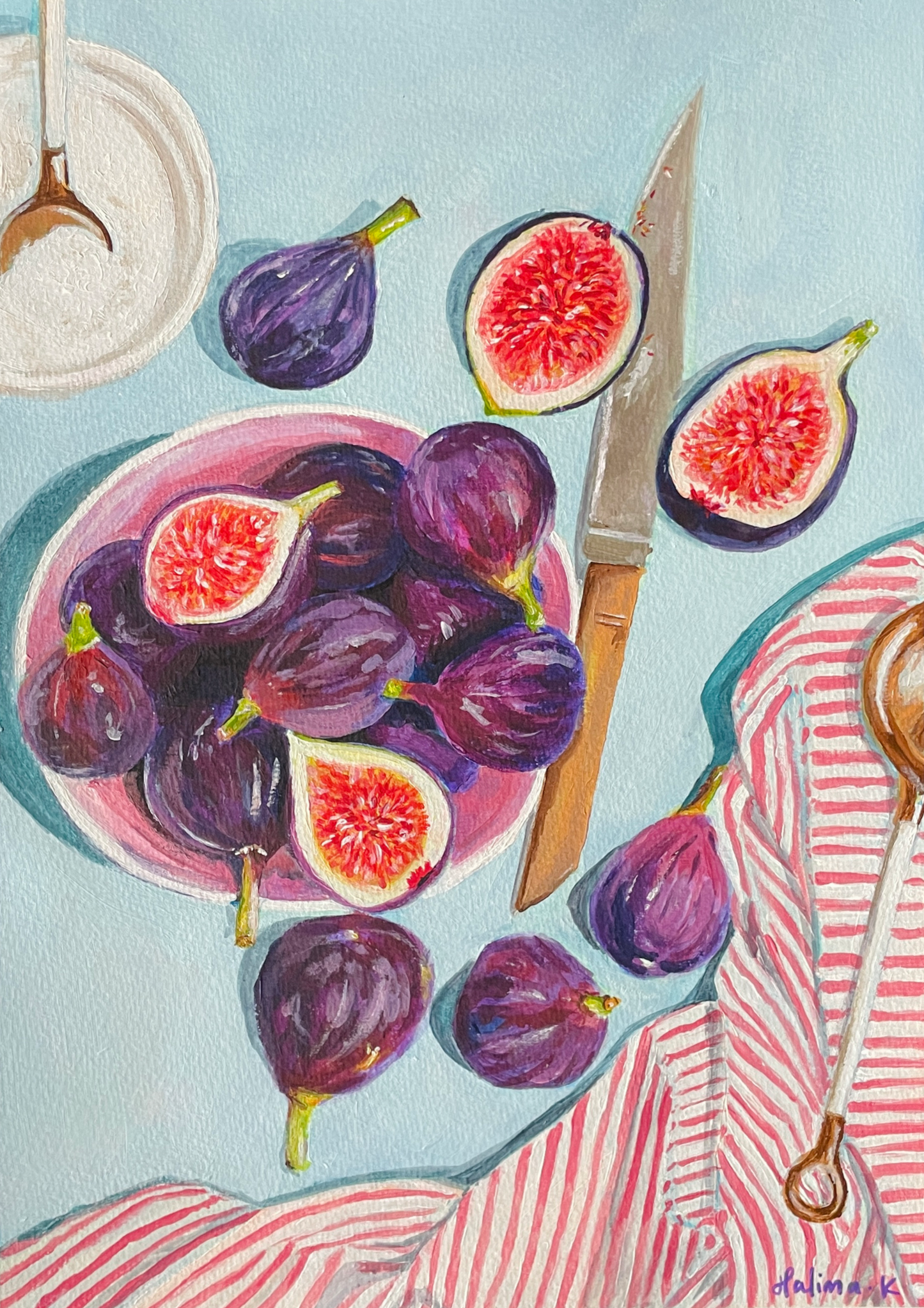 acrylic painting of figs in an overflowing bowl with a knife and a striped fabric by emerging artist halima khanum