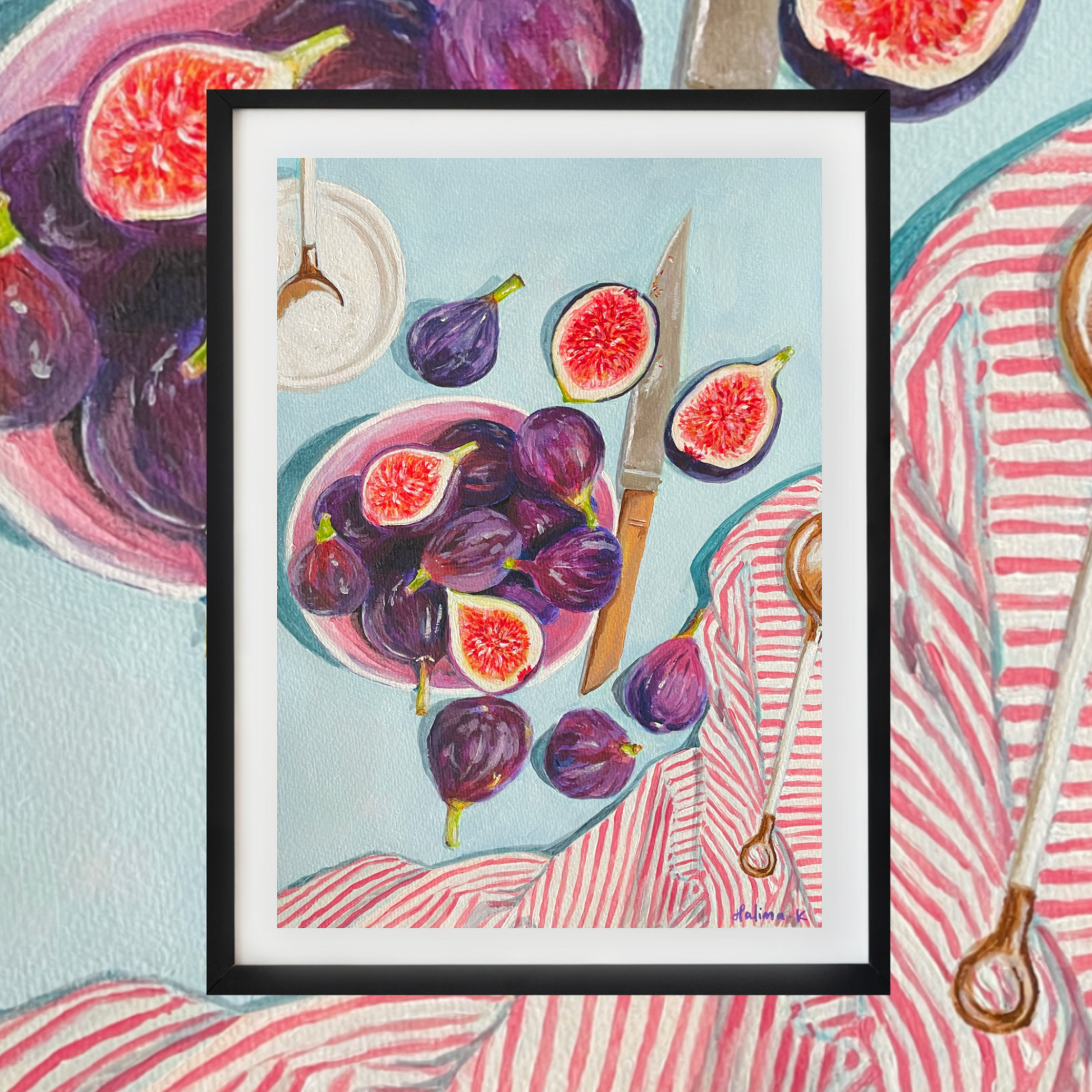 Framed original artwork of figs on a blue background