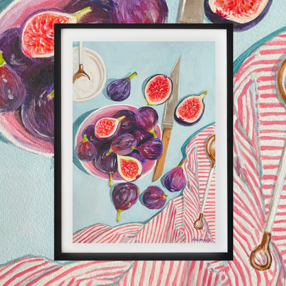 Framed original artwork of figs on a blue background