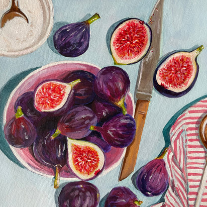 original art work on paper of figs on a plate with a knife and a light blue background. some figs sliced open