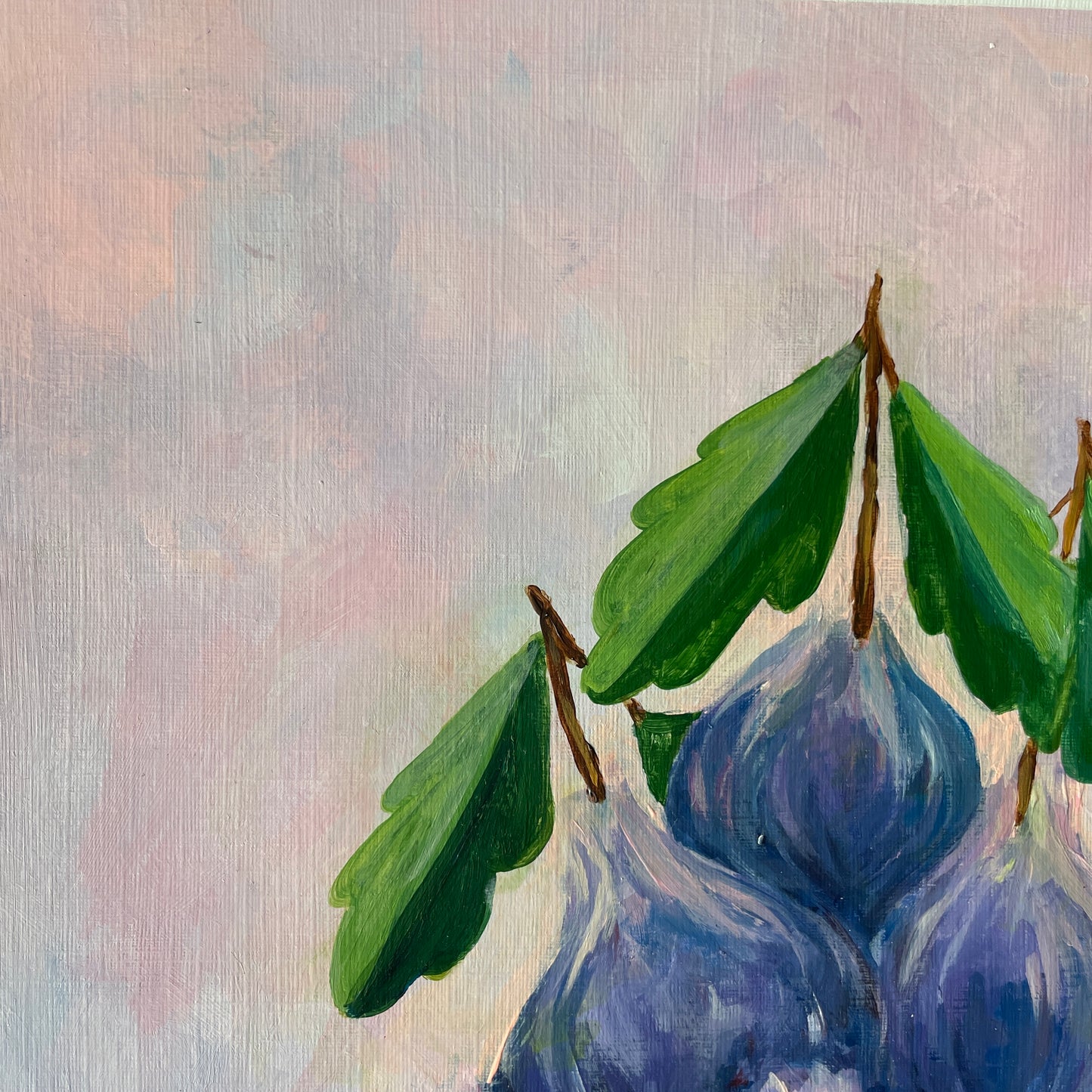 Painting of blue purple figs with green leaves on a textured dreamy background