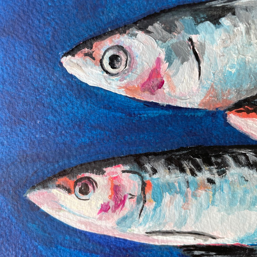Two fish on a blue background - original acrylic paiting by london artist halima khanum