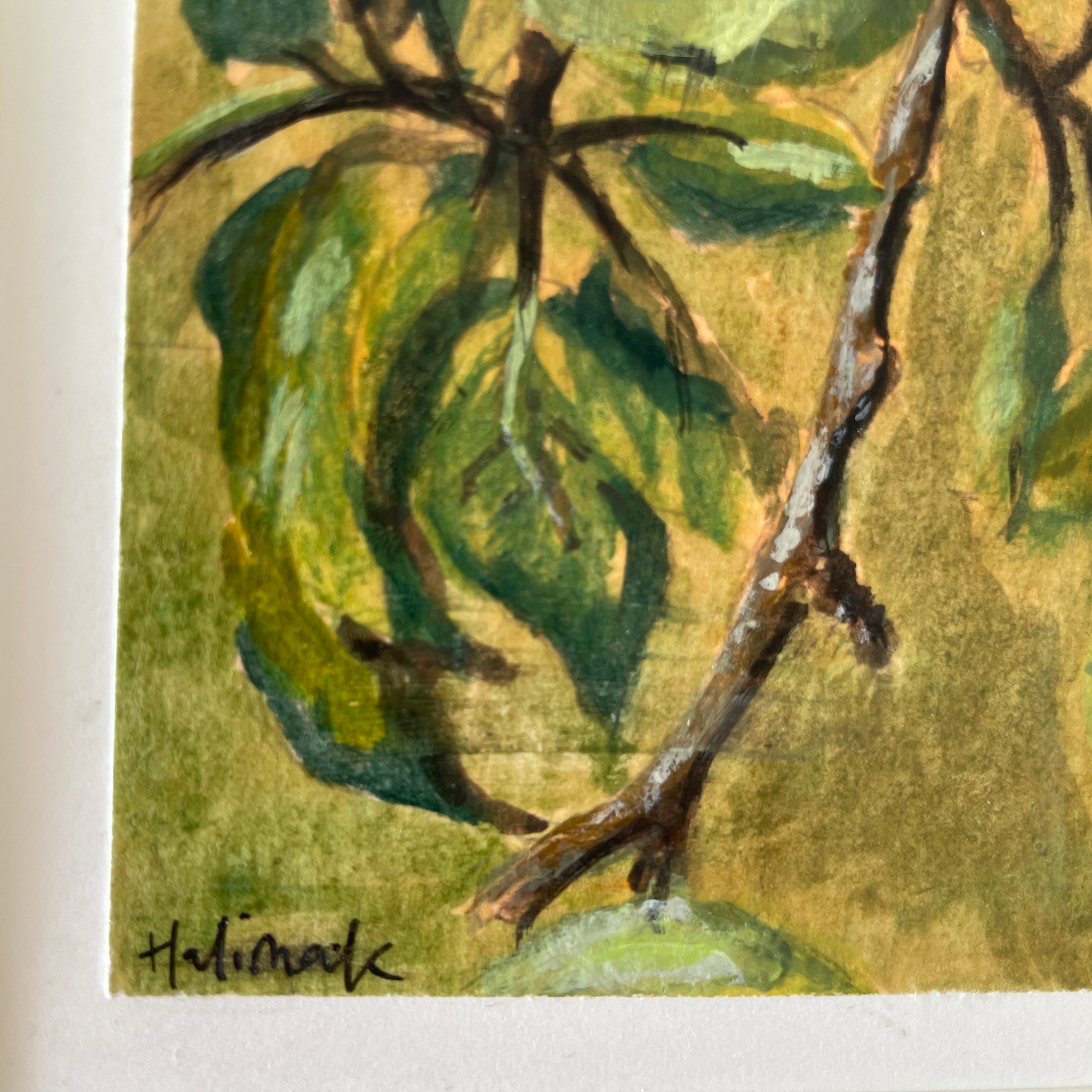 Artistic depiction of leaves and branches with a signature at the bottom left corner.