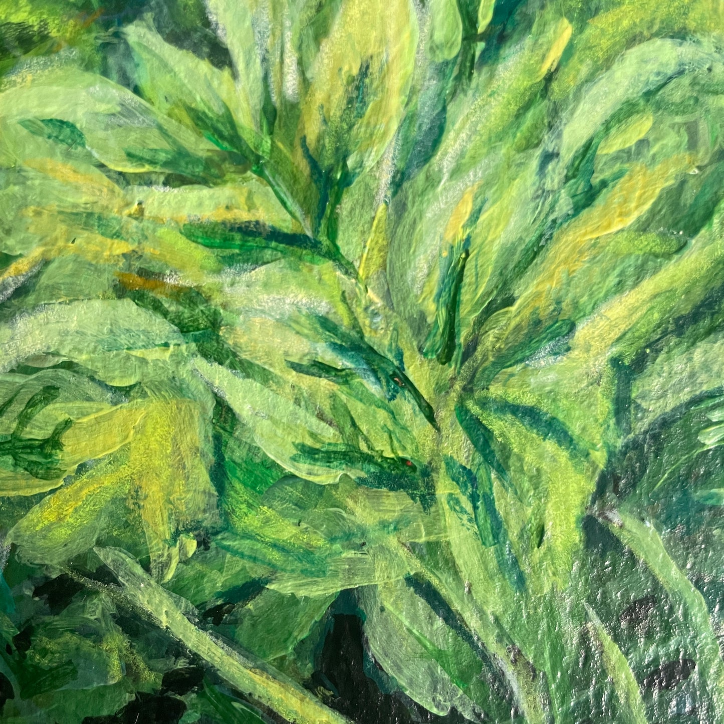 Close-up of a green leaf with a textured surface of original acrylic painting by artist halima khanum